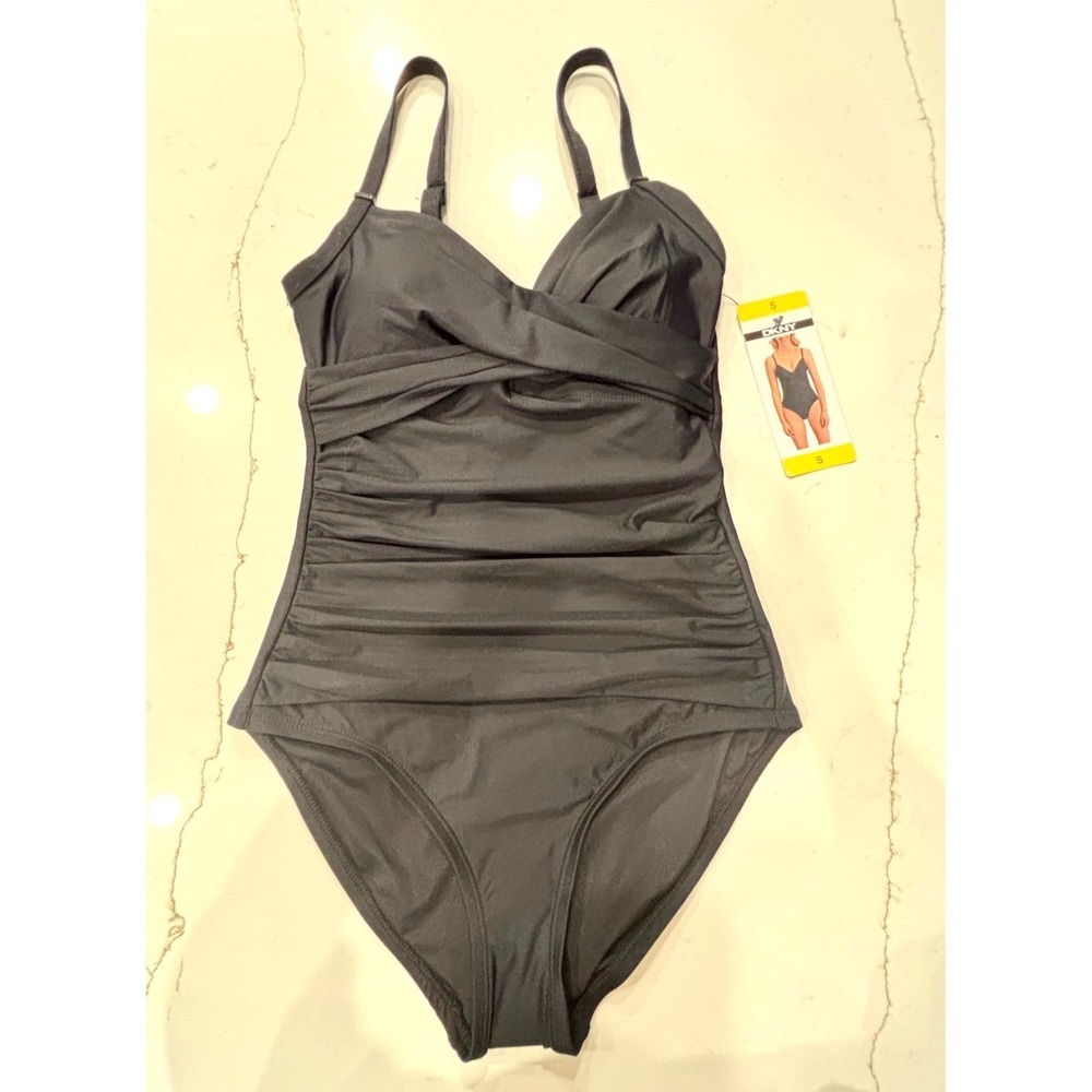 NWT size small DKNY One Piece Swimsuit Women Black Ruched V-Neck Tummy Control - Picture 3 of 7